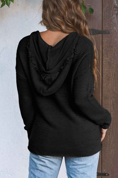 Solid Ribbed Drop Shoulder Hooded V-Neck Sweater