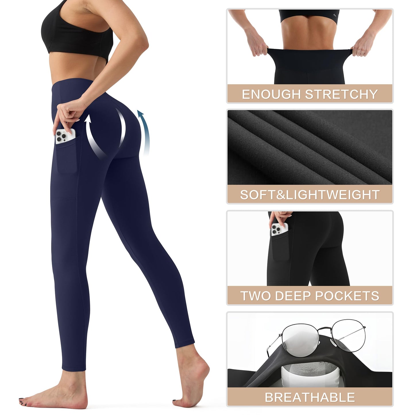 High Waisted Leggings for Women with Pockets - Tummy Control Yoga Pants for Workout Running Athletic No See Through Navy Blue