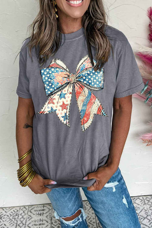 Gray USA Flag Bow Print Round Neck Loose Women's T Shirt