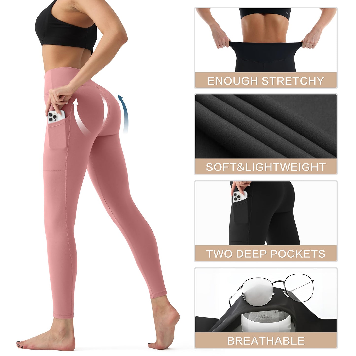 High Waisted Leggings for Women with Pockets - Tummy Control Yoga Pants for Workout Running Athletic No See Through Navy Blue