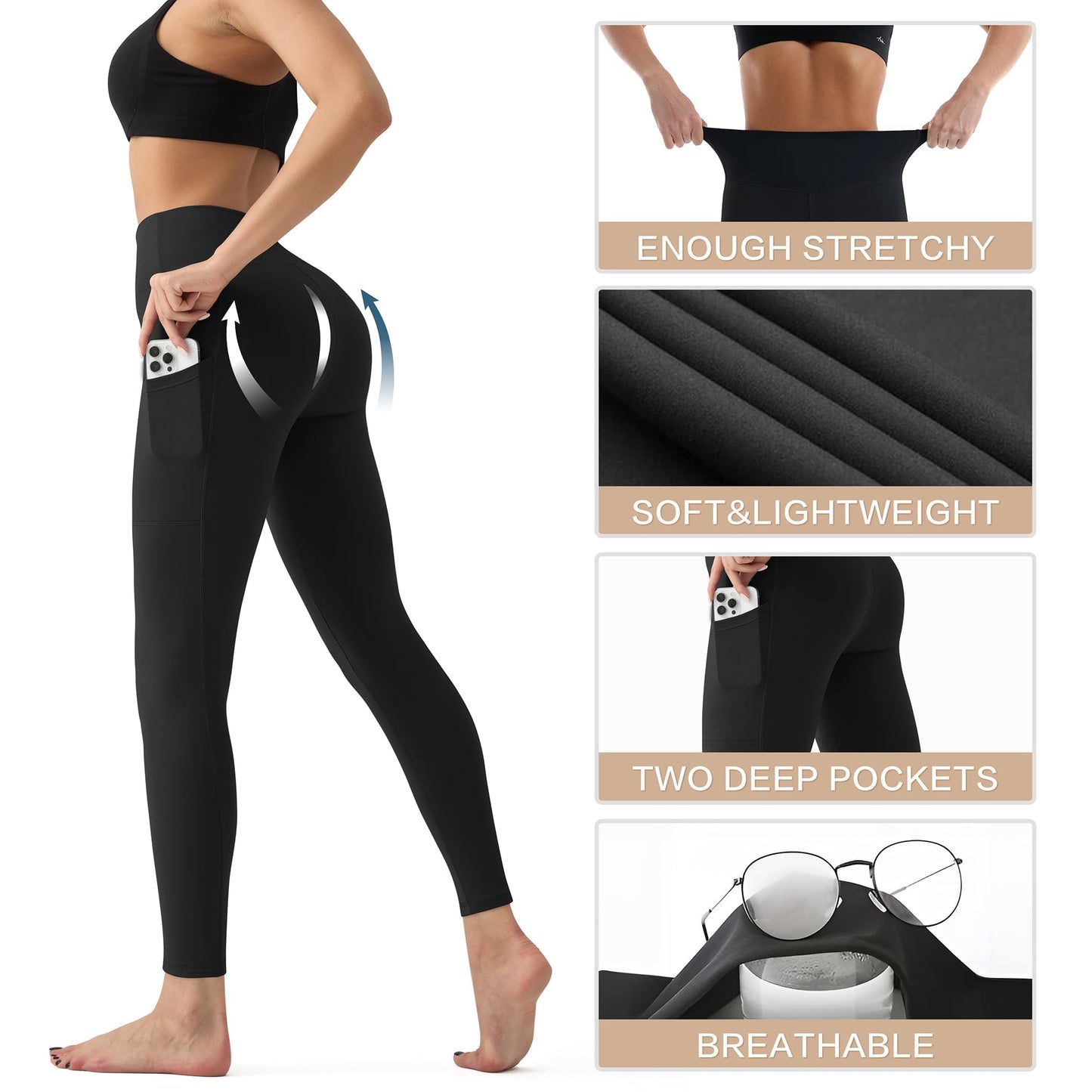 High Waisted Leggings for Women with Pockets - Tummy Control Yoga Pants for Workout Running Athletic No See Through Navy Blue