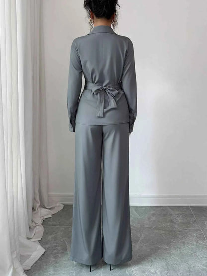 Back Tie Wrap Blazer and Wide Leg Pants Set