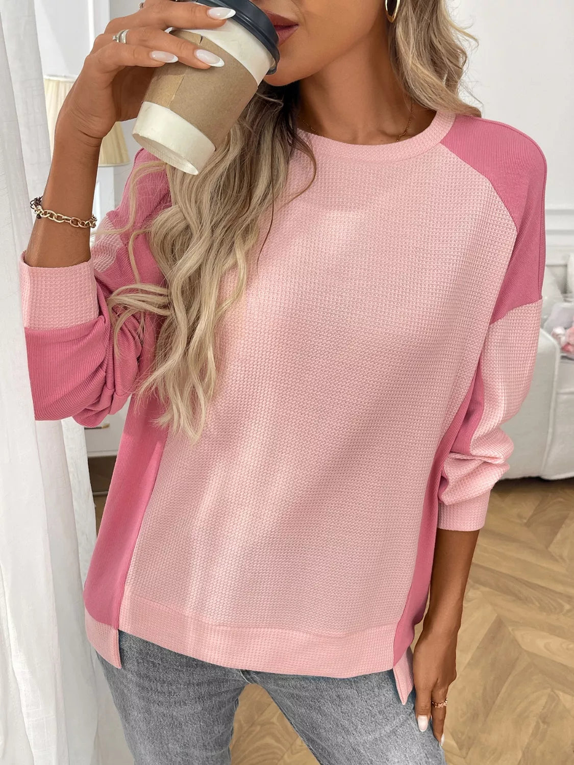 Color Block Waffle Knit Long Sleeve Sweater