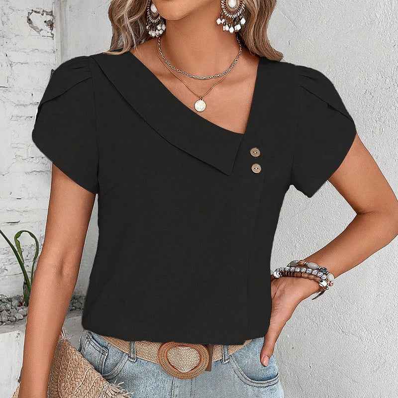 Women's  Casual Petal Sleeve Asymmetrical V Neck Work Shirts Blouse Tops