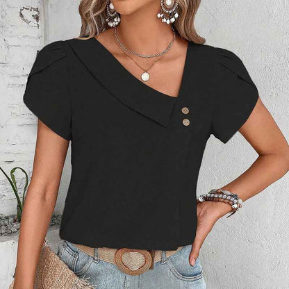 Women's  Casual Petal Sleeve Asymmetrical V Neck Work Shirts Blouse Tops
