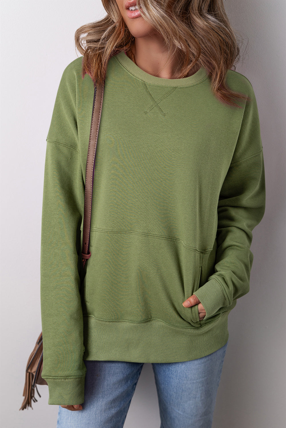 Drop Shoulder Women's Sweatshirt - Crisscross Stitching with Pockets