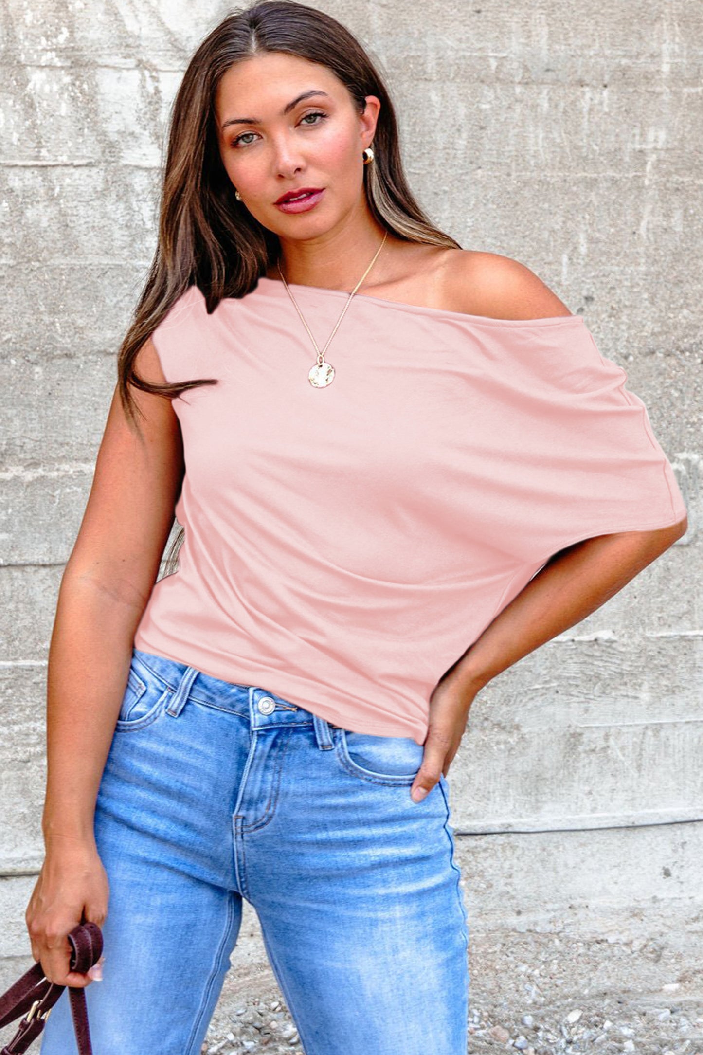 Gossamer Pink Plus Size Blouse – Asymmetric Neckline & Short Sleeves