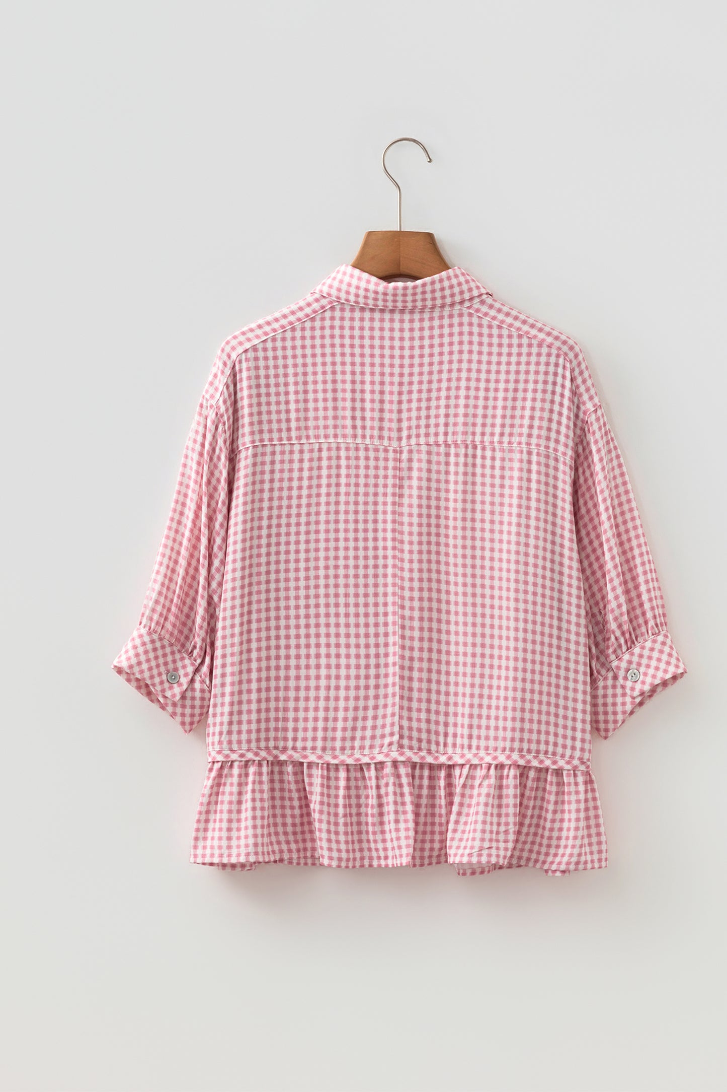 Pink Plaid Half Sleeve Ruffle Hem Button Down Blouse