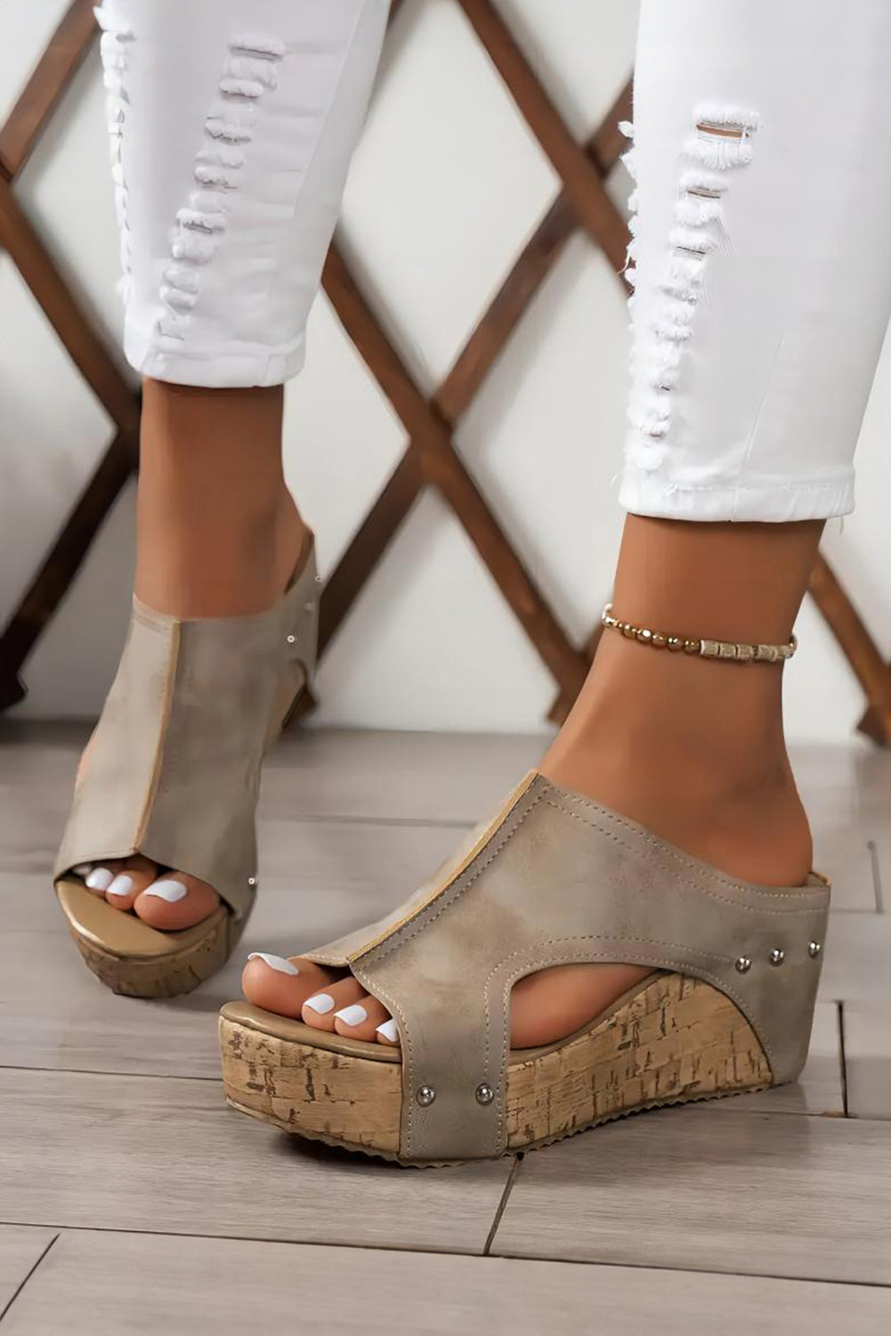 Chestnut Hollow Out Studded PU Leather Wedge Sandals