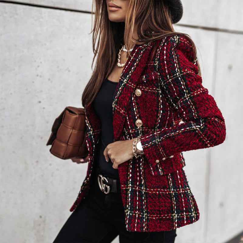 Women's Elegant Checkered Long Sleeve Blazer - Double-Breasted Printed Trench Coat For Fall&Winter, Office & Casual Jacket