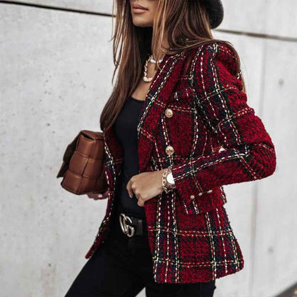 Women's Elegant Checkered Long Sleeve Blazer - Double-Breasted Printed Trench Coat For Fall&Winter, Office & Casual Jacket