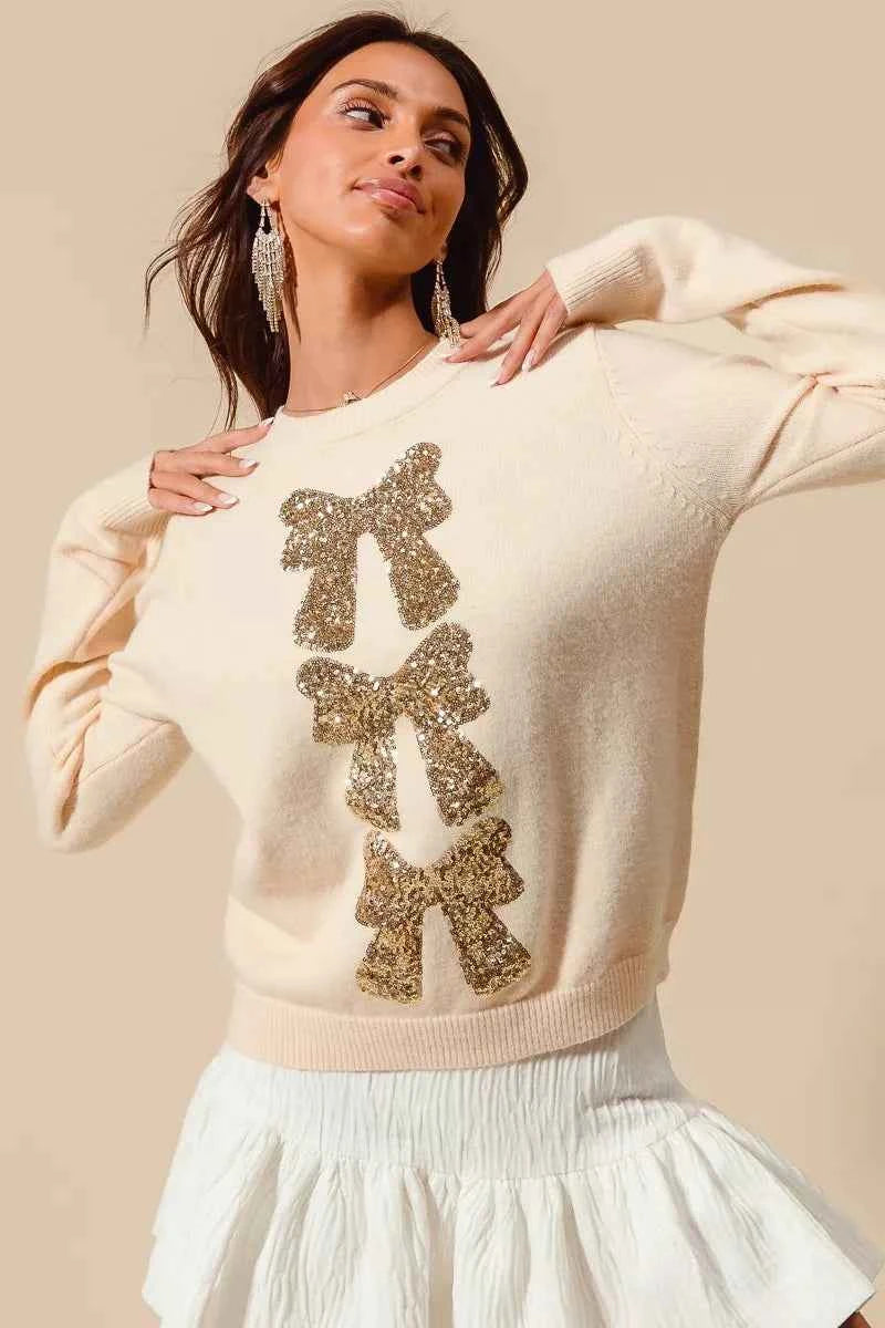 SO ME Sequins Bow Ribbon Embellished Christmas Sweater