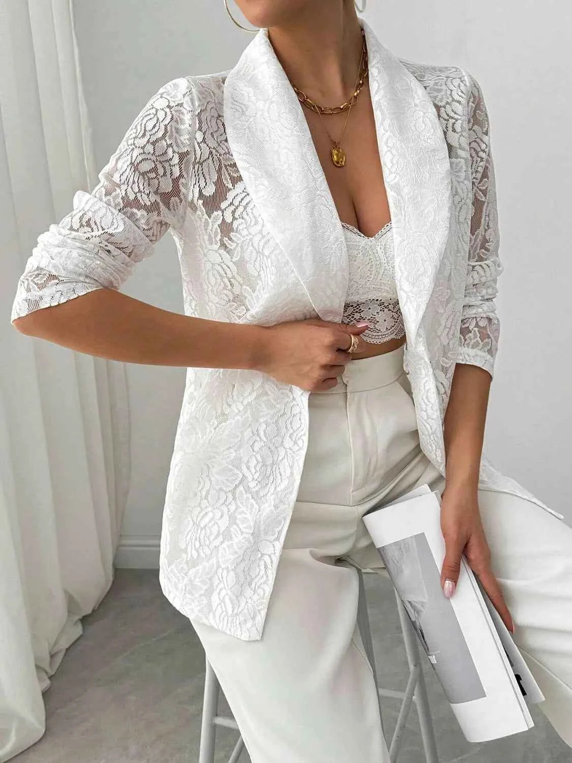Chic Sheer Lace Lapel Blazer