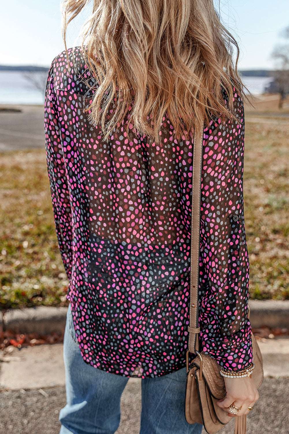 Grape Wine Polka Dot Print Buttoned Blouse