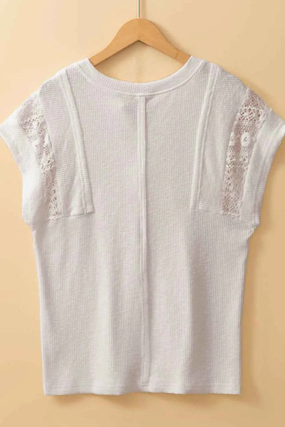 Ribbed Texture Lace Patchwork Short Sleeve Top