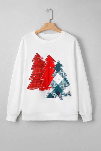 Christmas Tree Pearl Plaid Patch Drop Shoulder Sweatshirt