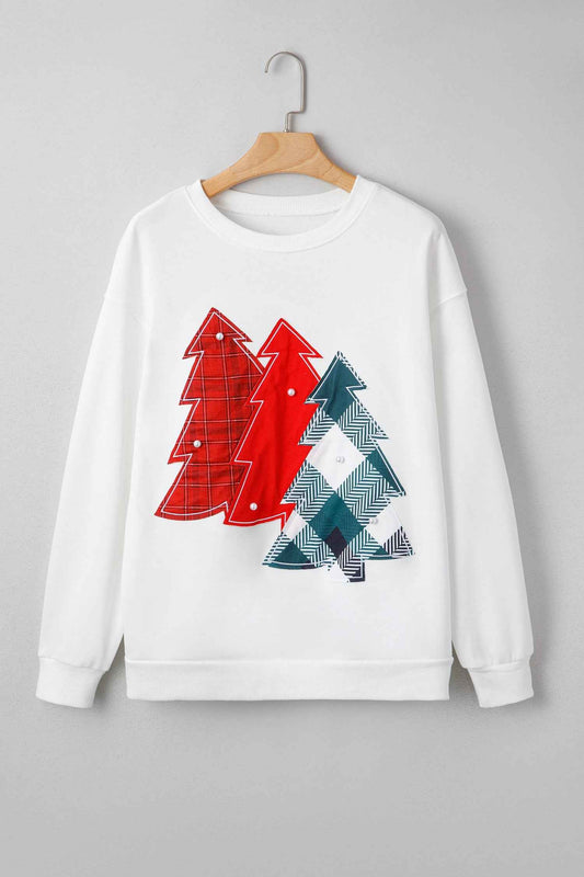 Christmas Tree Pearl Plaid Patch Drop Shoulder Sweatshirt