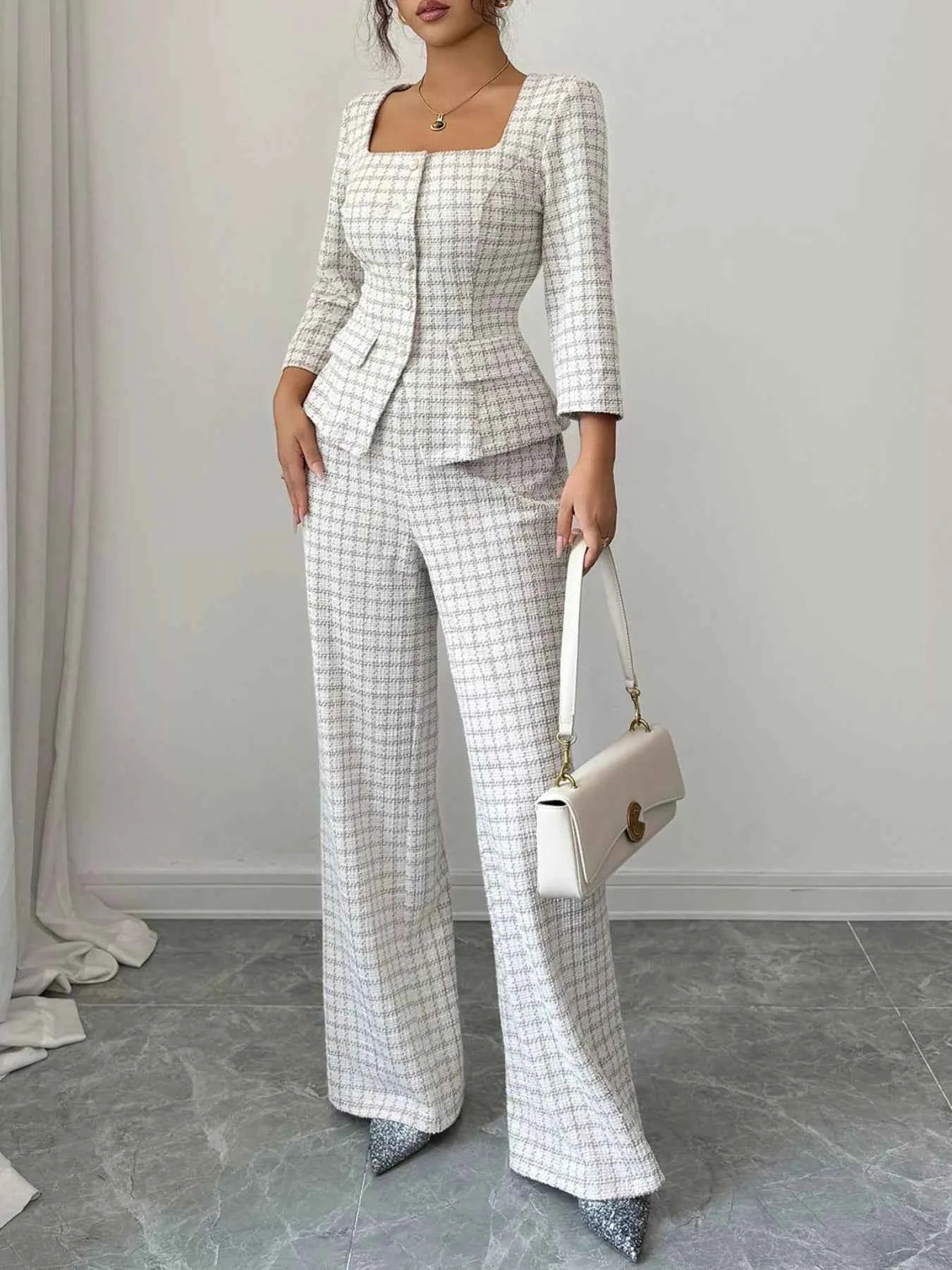 Plaid Square Neck Button Up Top and Pants Set