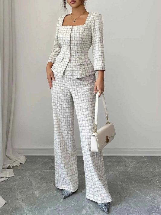 Plaid Square Neck Button Up Top and Pants Set