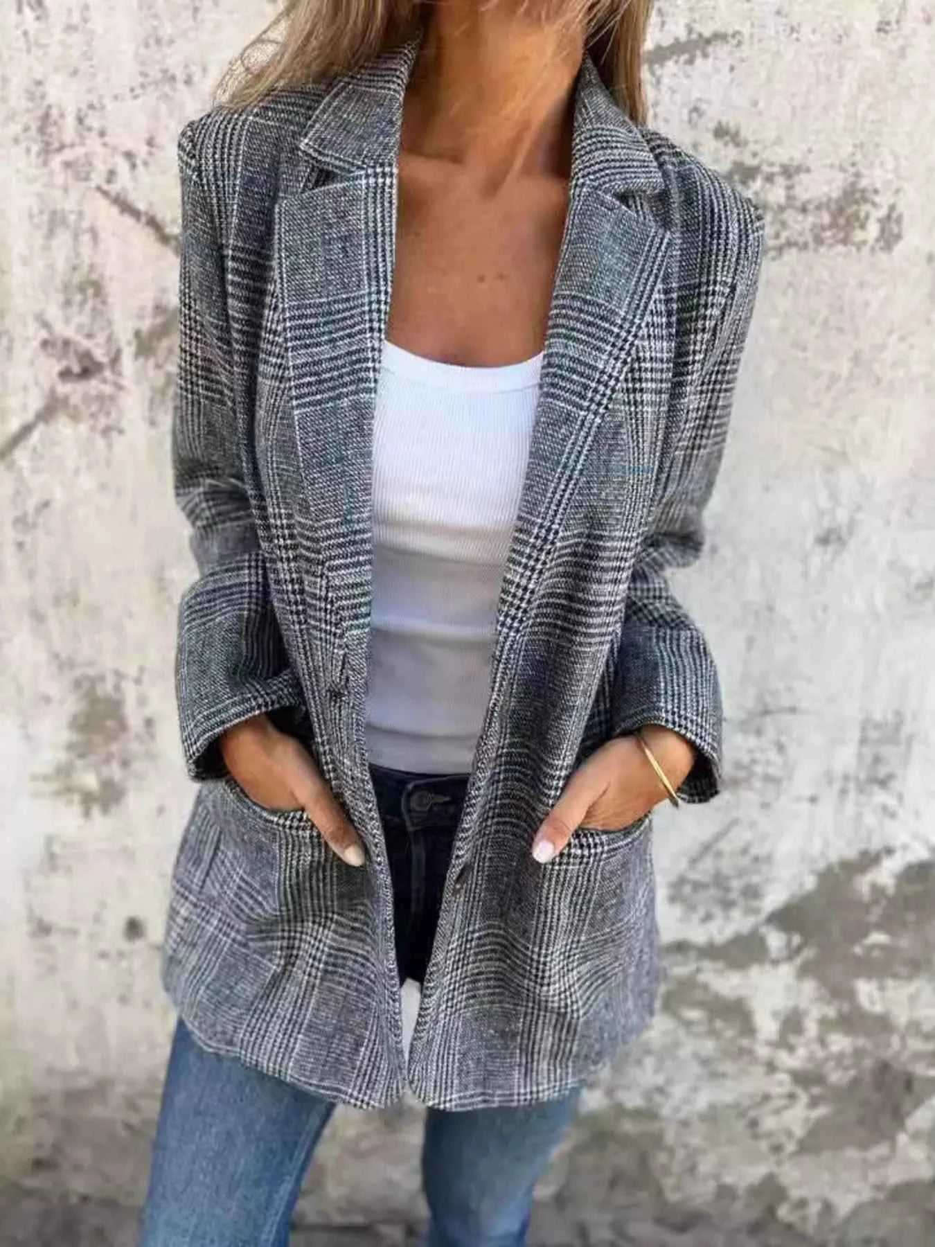 Full Size Plaid Single-Breasted Long Sleeve Blazer Plus Size