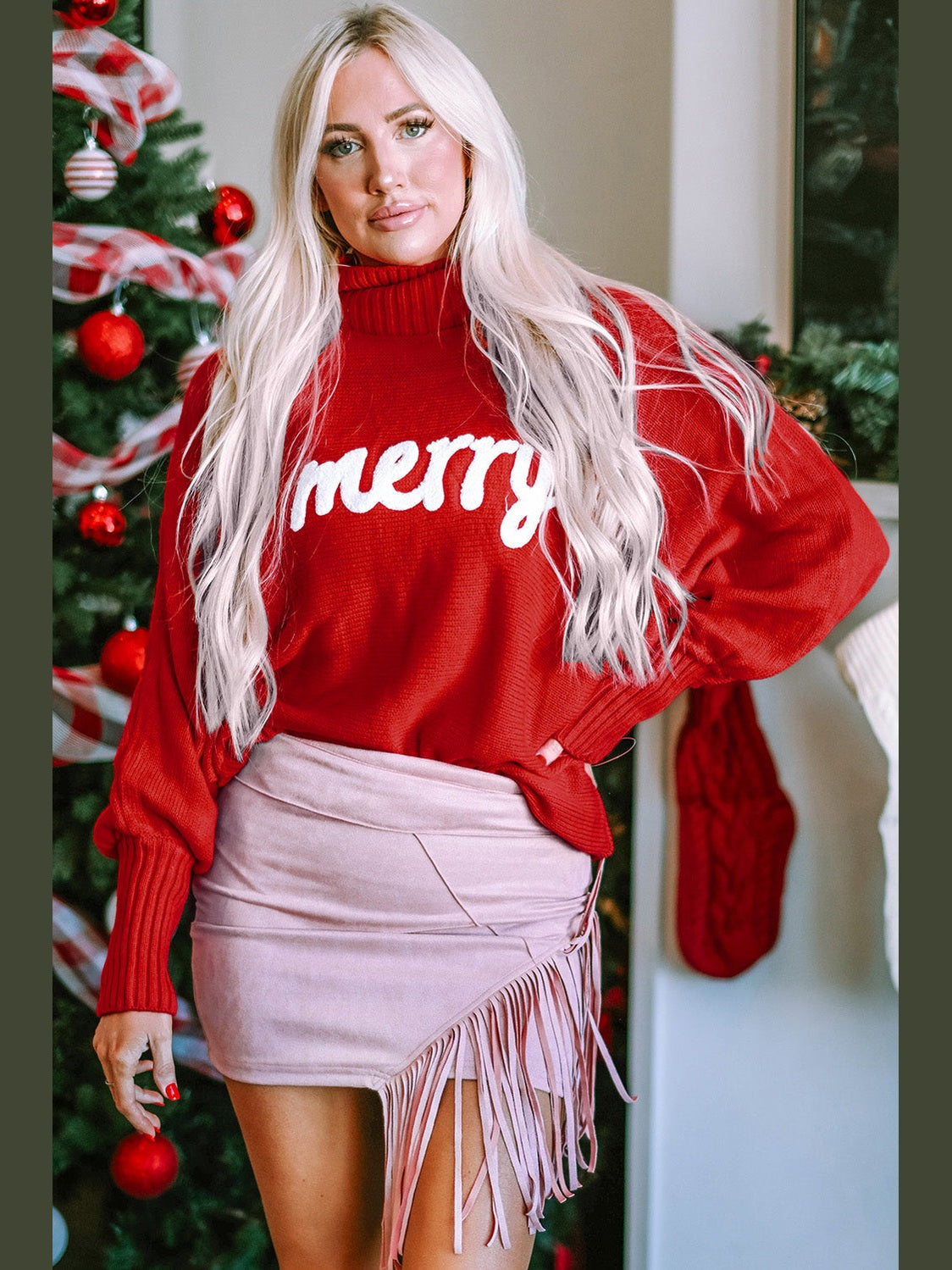Double Take Full Size Merry Christmas Turtleneck Long Sleeve Sweater