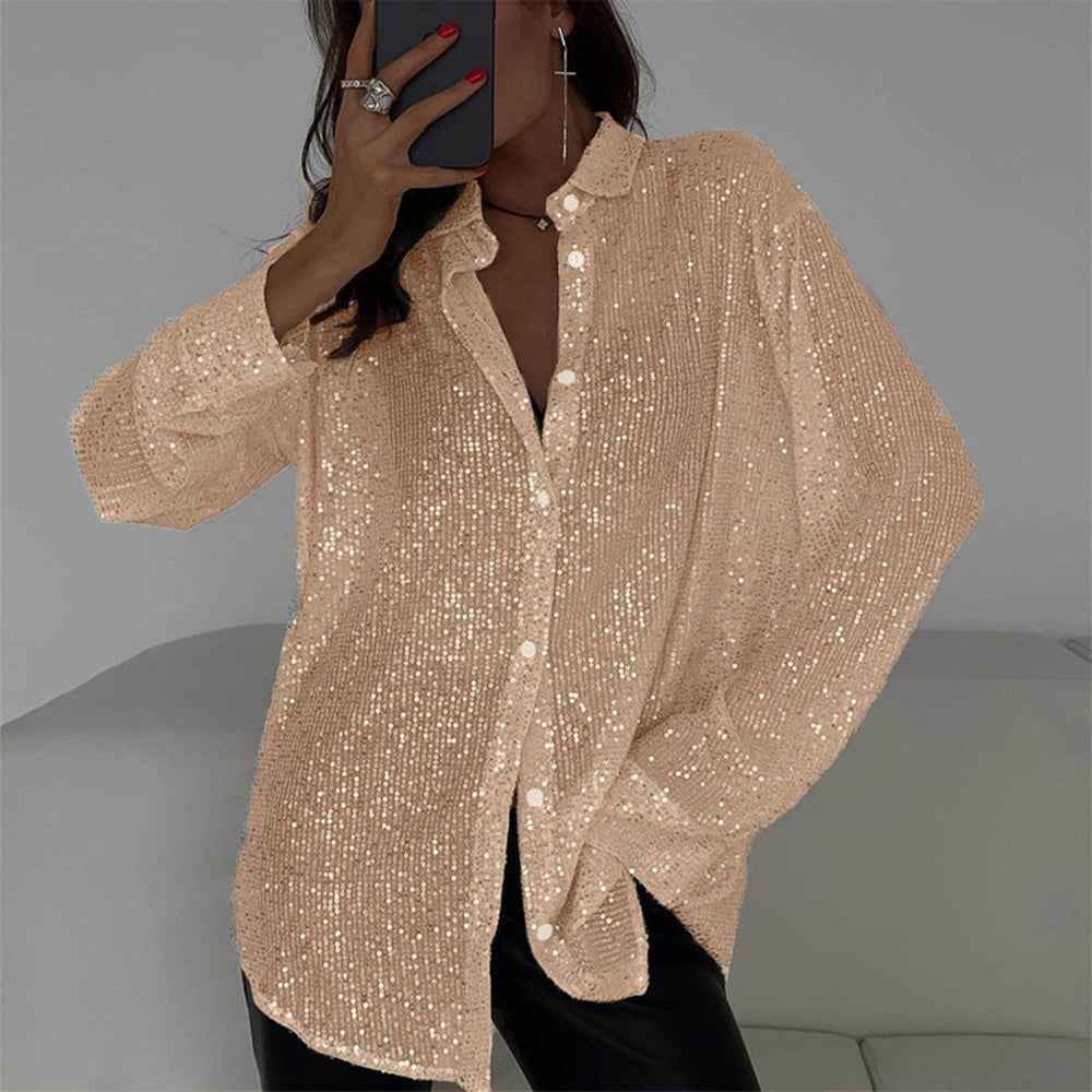 Elegant Women's Sequin Shirt - Stylish Long Sleeve Button-Up Blouse With Glitter Details, Perfect For Party & Casual To Formal Wear