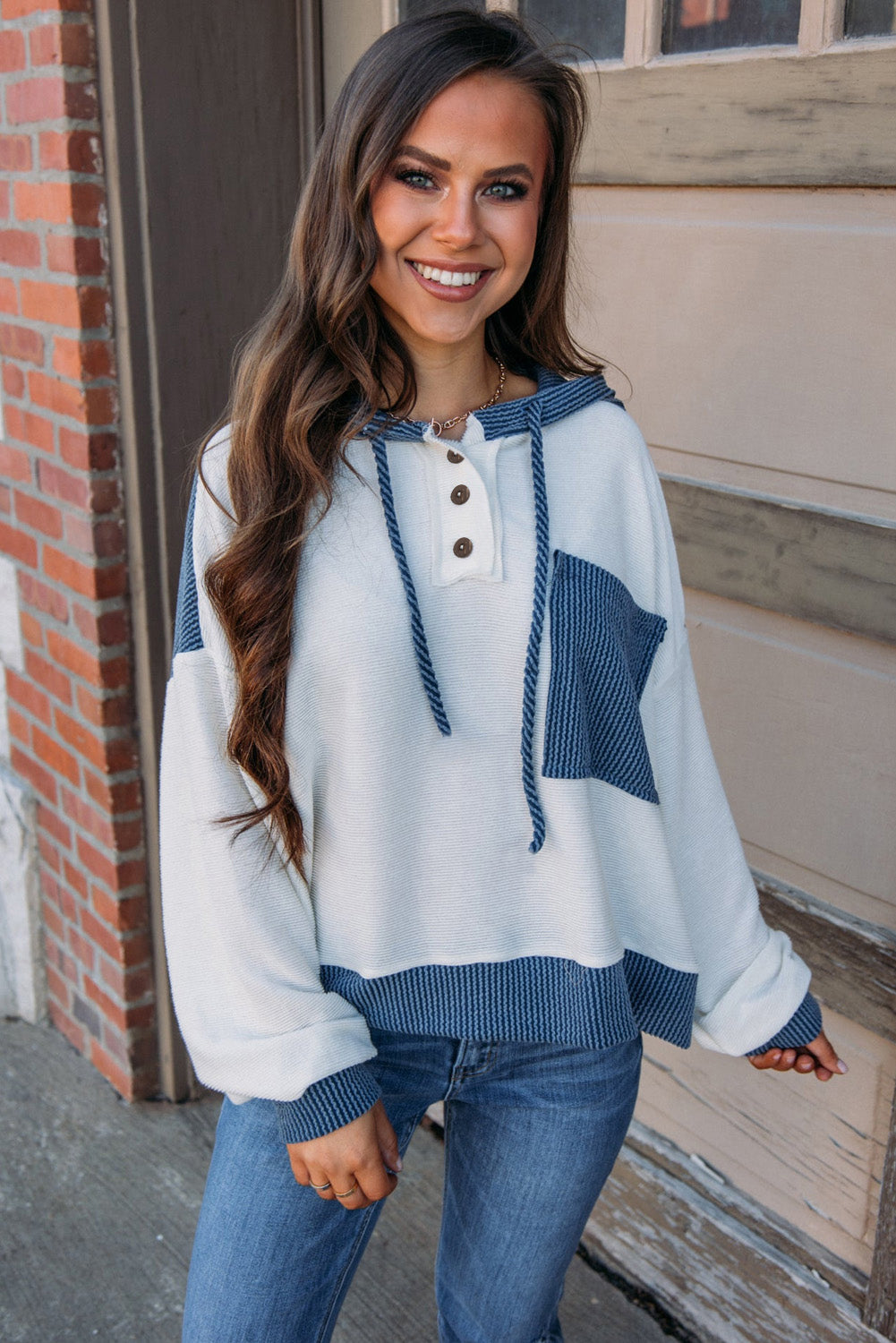 Light Pink Corded Colorblock Patch Pocket Hooded Women's Top