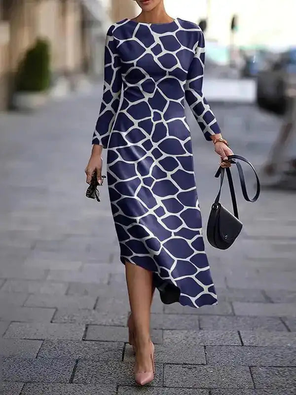 Spandex A-line Dress with Round Neck Pullover Dress