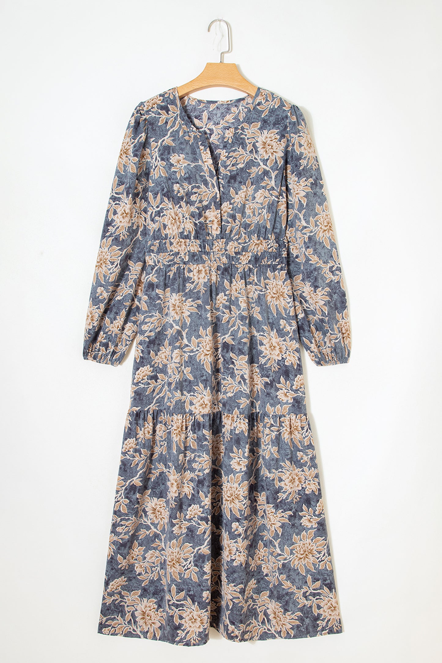 Sky Blue Floral Smocked High Waist Long Sleeve Maxi Dress