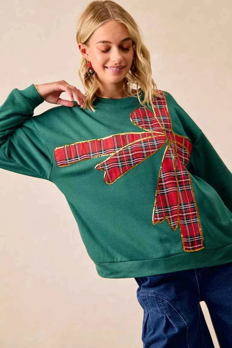 BiBi Plaid Ribbon Bow Detail Christmas Fleece Women's Sweatshirt