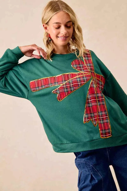 BiBi Plaid Ribbon Bow Detail Christmas Fleece Women's Sweatshirt