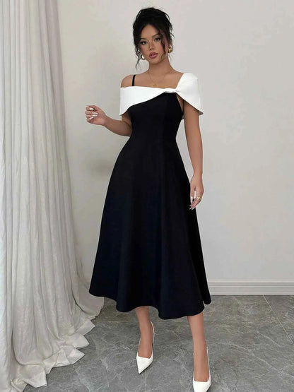 Asymmetrical Neck Contrast Midi Dress