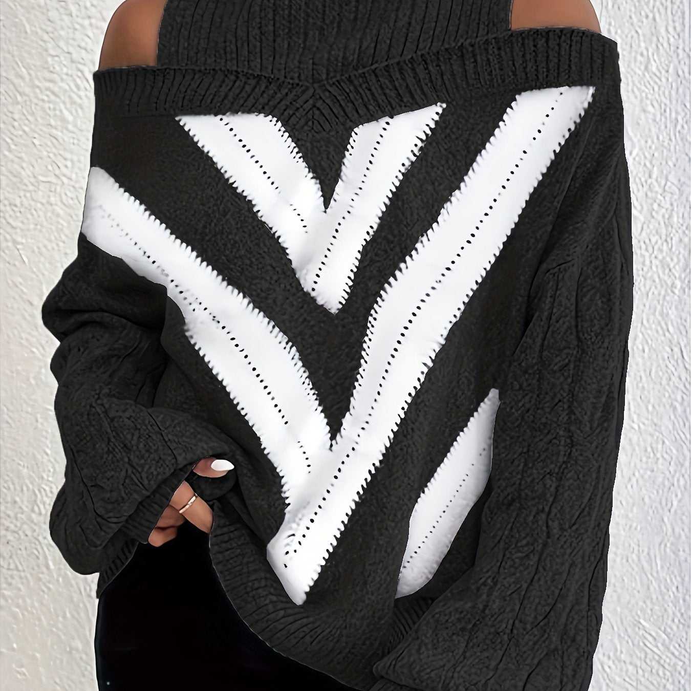 Elegant Plus Size Off Shoulder Striped Cable Knit
