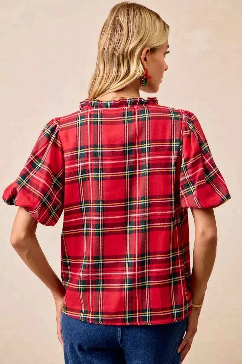 BiBi Christmas Plaid Short Sleeves Ruffled Blouse