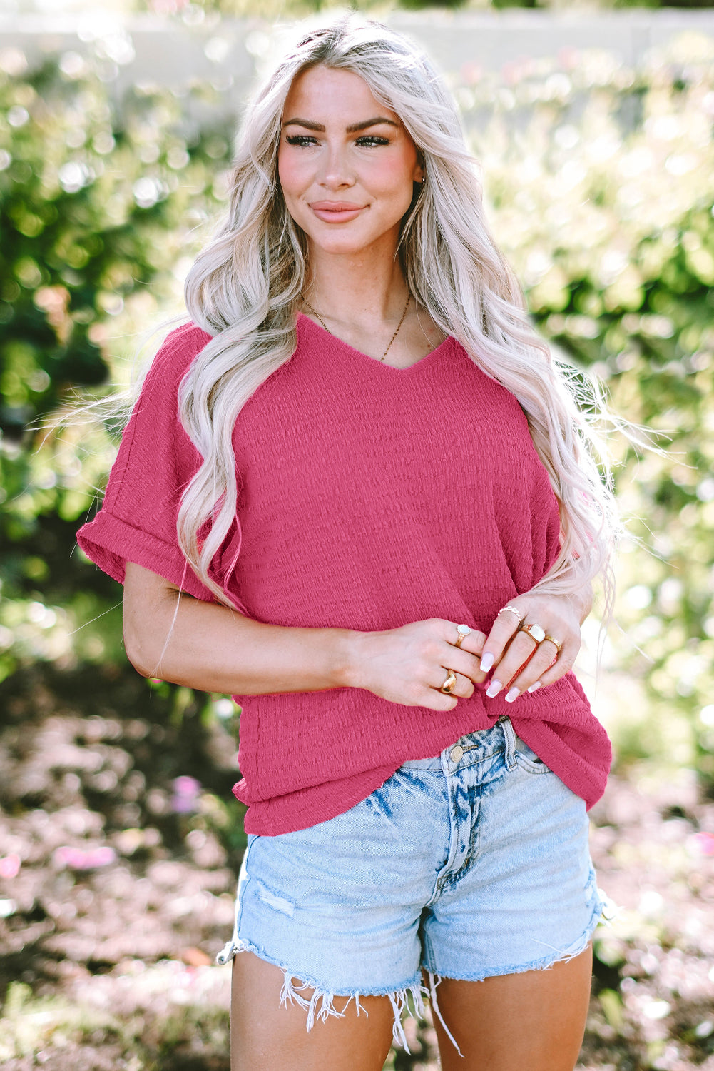 Bright Pink Textured V-Neck Women's T-Shirt