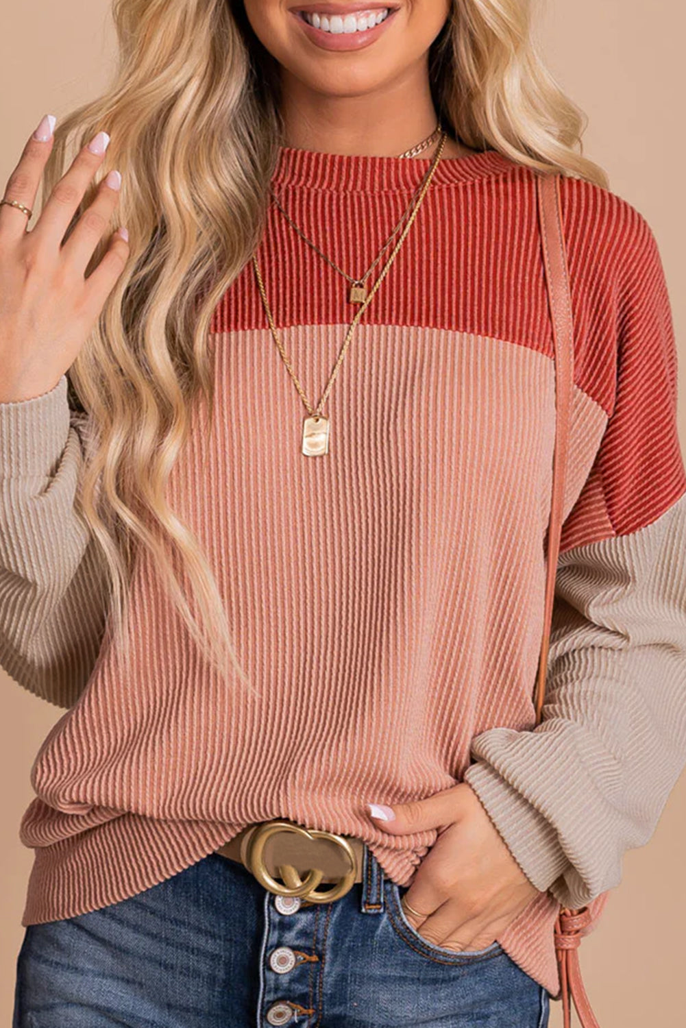 Khaki Color Block Long Sleeve Ribbed Loose Women's Top