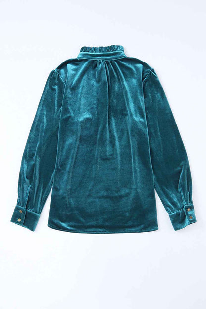 Green Frilled Neck Buttoned Front Velvet Wome Top