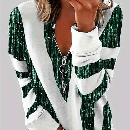 Women's Long Sleeve Shirts Zipper Color Block V Neck Tunic Tops Casual Blouse