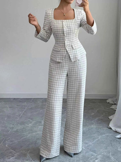 Plaid Square Neck Button Up Top and Pants Set
