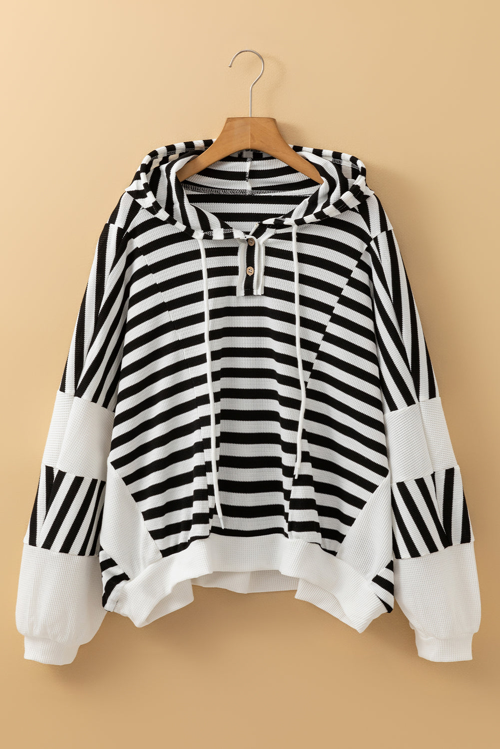 Black white Oversized Striped Henley Buttons Dolman Sleeve Hooded Sweatshirt