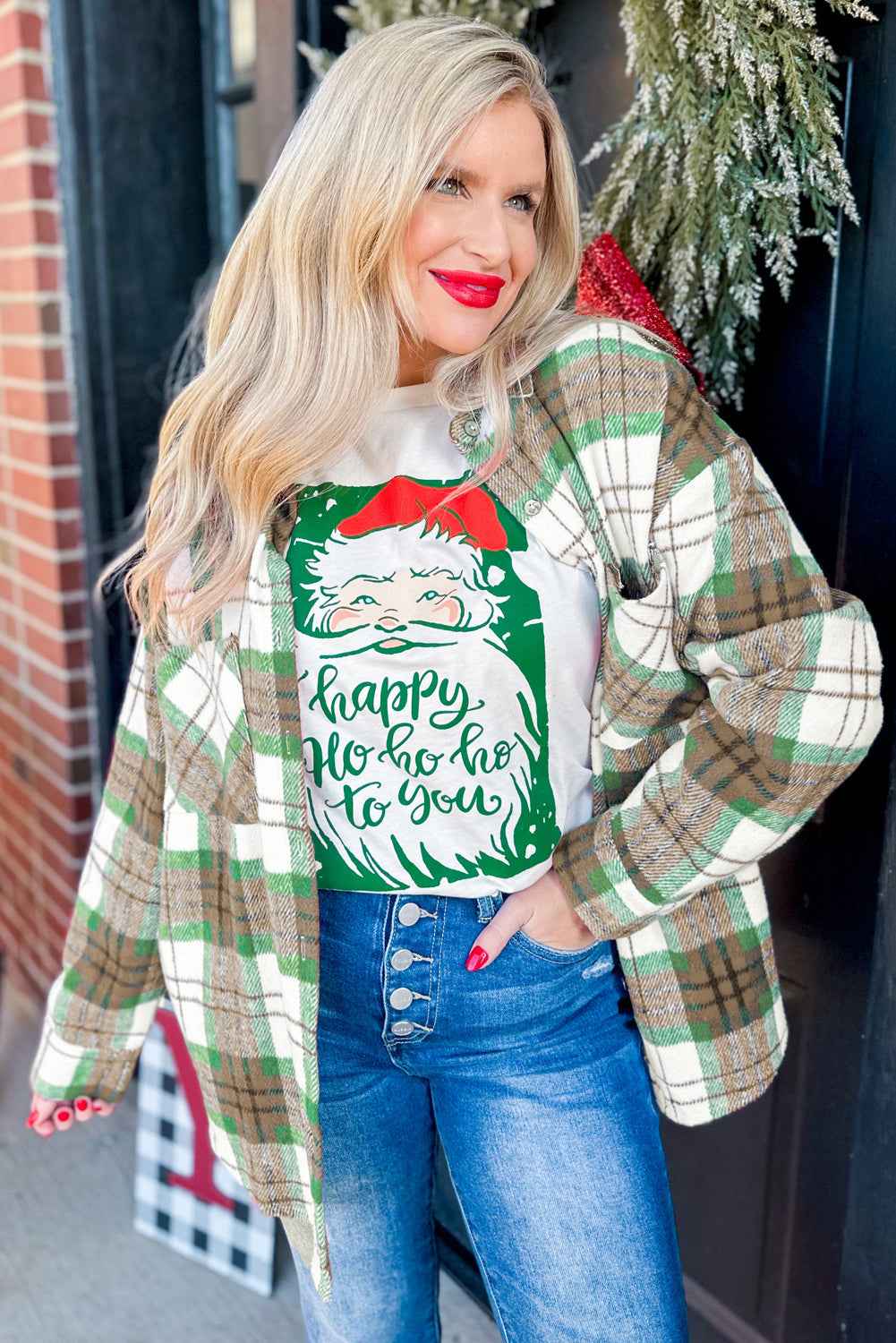 Rose Christmas Plaid Flannel Shacket for Cozy Winter Casual Wear
