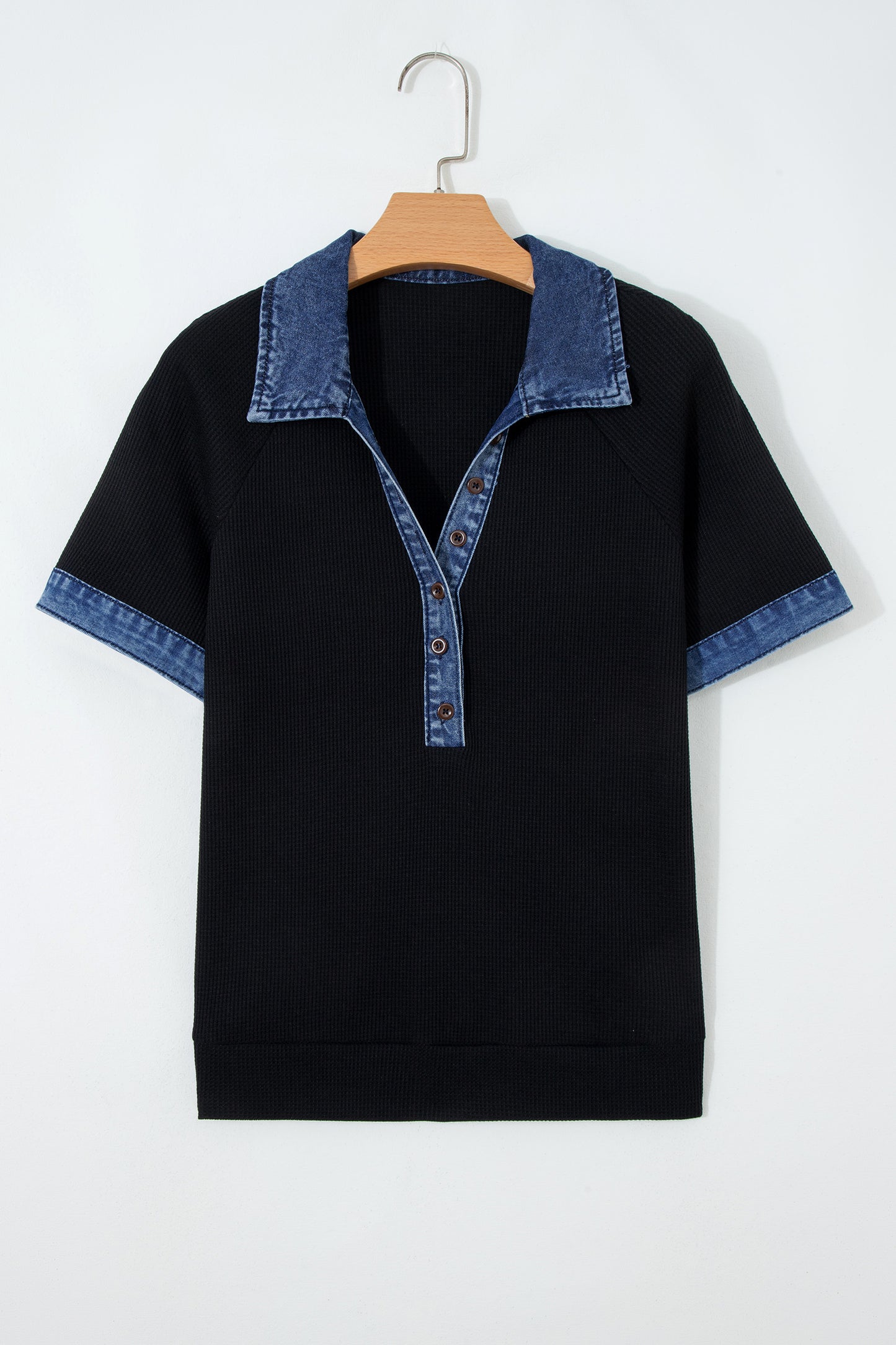 Waffle Knit Polo Top with Denim Trim