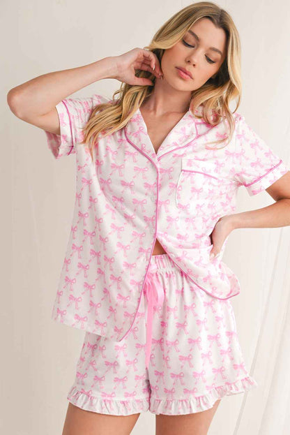 Pink Bowknot Print Shirt and Ruffle Hem Pajamas