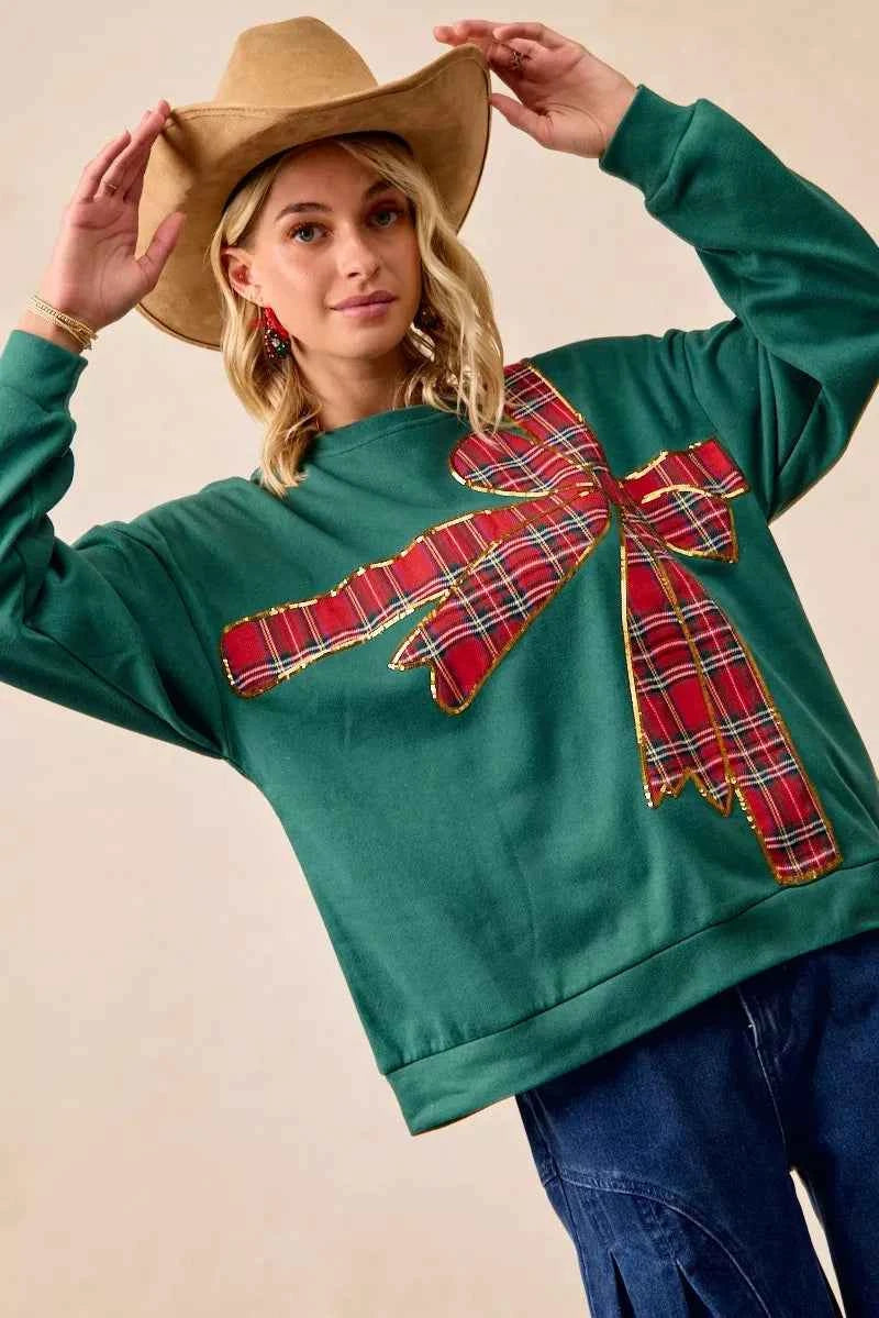 BiBi Plaid Ribbon Bow Detail Christmas Fleece Women's Sweatshirt