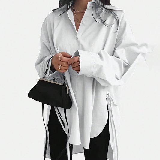 Women's Casual Loose-Fit Long Sleeve Shirt - Side Slit Tie Detail Button-Down Blouse, Solid Color Top - The Eggy's store