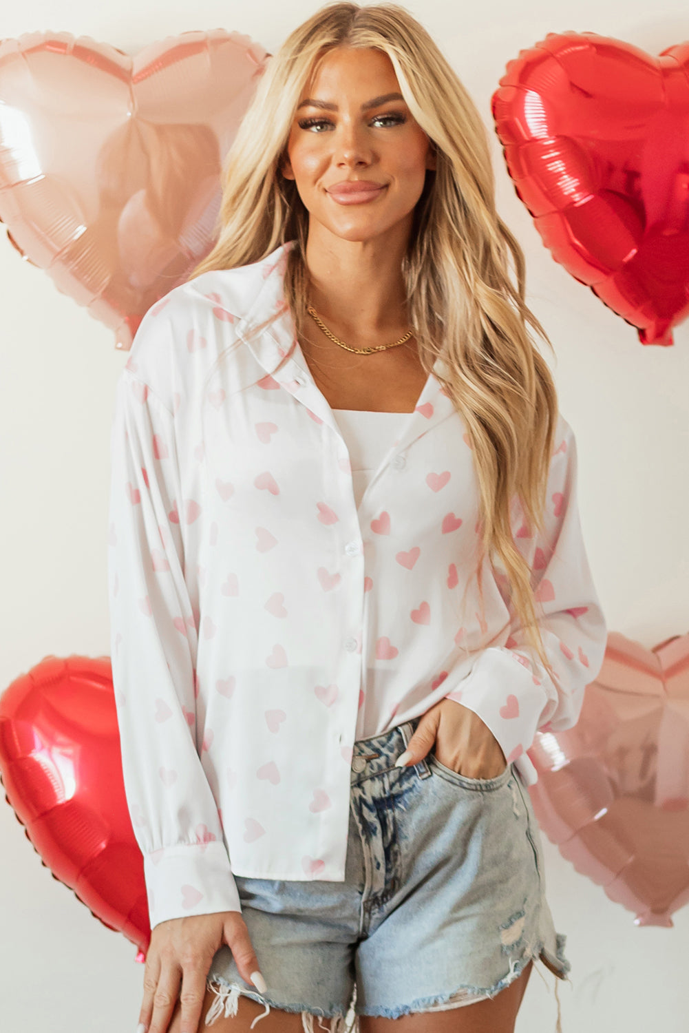 White Love Heart Print Drop Shoulder Puff Sleeve Women's Blouse