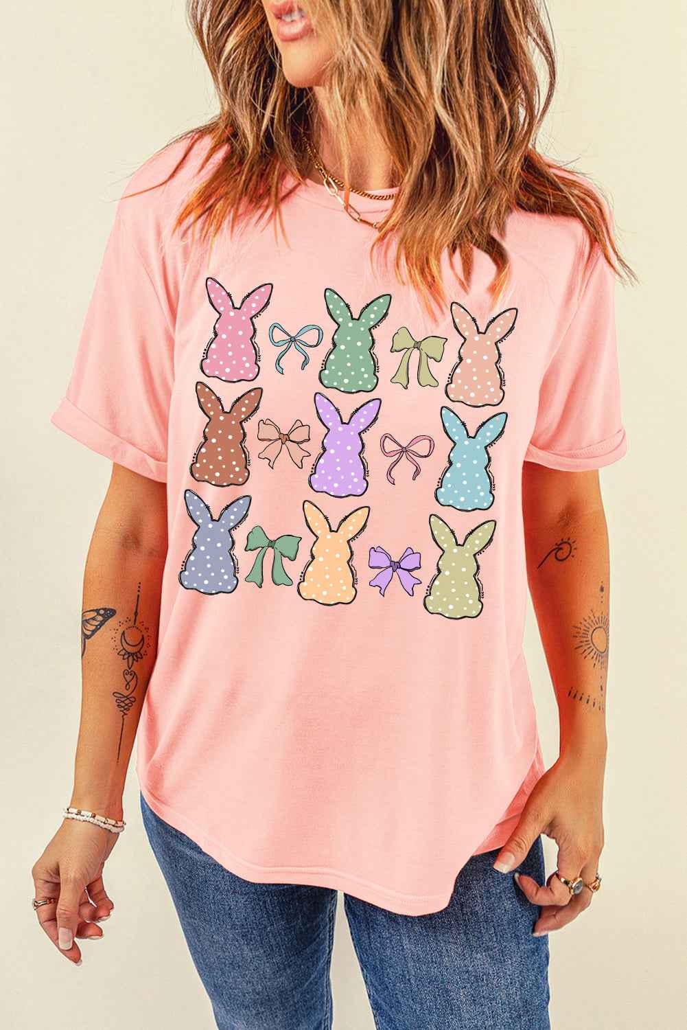 Pink Cute Bunny Bow Graphic Easter Day Fashion T Shirt