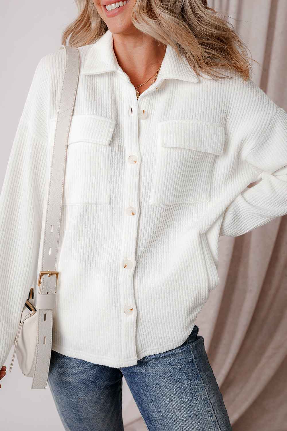 Solid Corduroy Button-Up Long Sleeve Jacket
