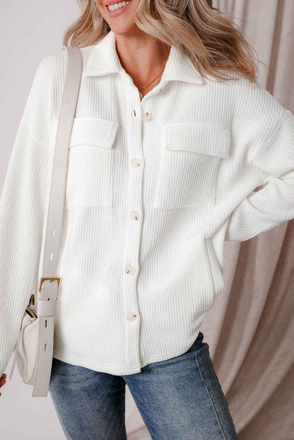 Solid Corduroy Button-Up Long Sleeve Jacket