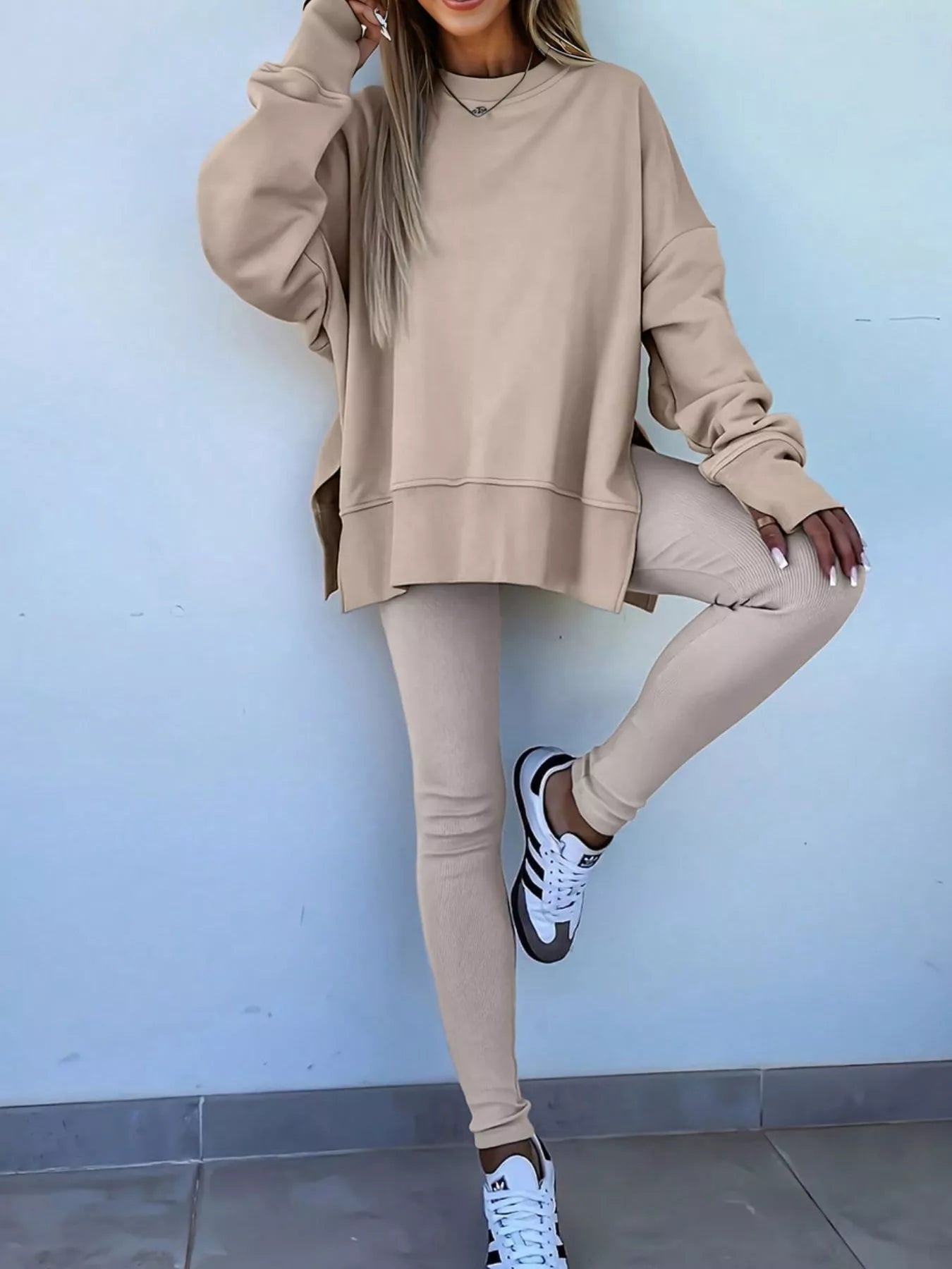Oversized Slit Sweatshirt and Ribbed Leggings 2pcs Set